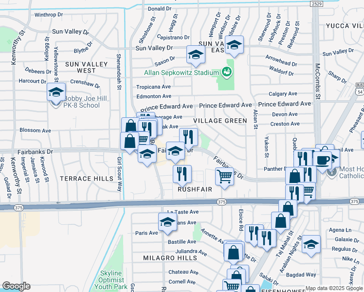 map of restaurants, bars, coffee shops, grocery stores, and more near 5235 Fairbanks Drive in El Paso