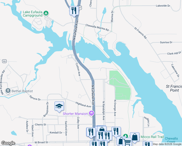 map of restaurants, bars, coffee shops, grocery stores, and more near 819 North Eufaula Avenue in Eufaula