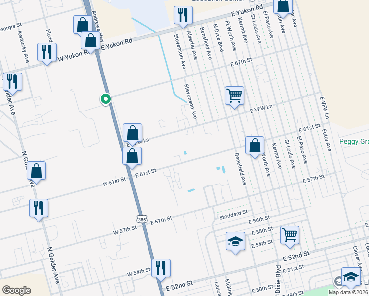 map of restaurants, bars, coffee shops, grocery stores, and more near 401 E 61st St in Odessa