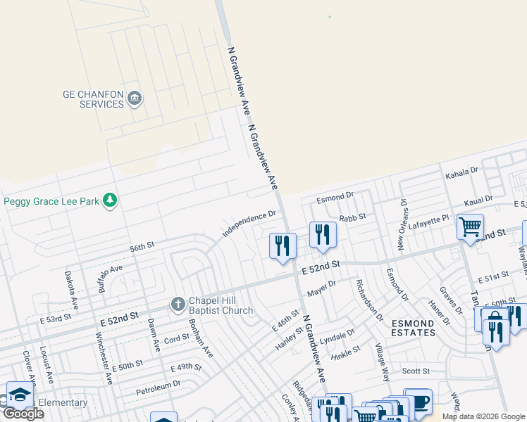 map of restaurants, bars, coffee shops, grocery stores, and more near 2233 Independence Dr in Odessa