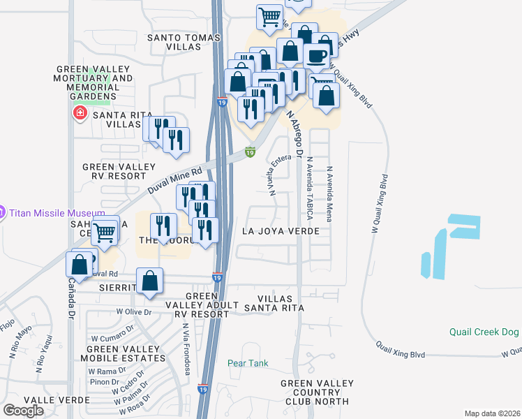 map of restaurants, bars, coffee shops, grocery stores, and more near 94 East Calle De La Semilla in Green Valley