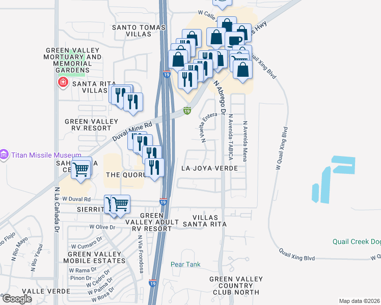 map of restaurants, bars, coffee shops, grocery stores, and more near 94 East Calle De La Semilla in Green Valley