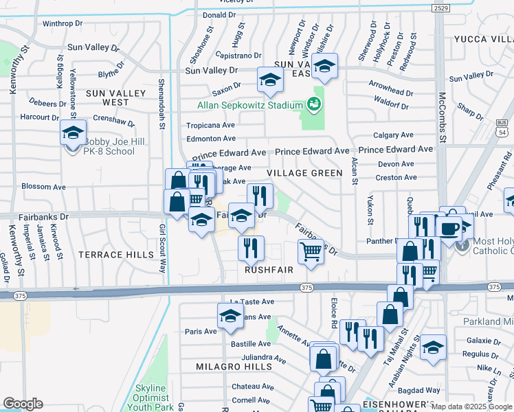 map of restaurants, bars, coffee shops, grocery stores, and more near 5235 Fairbanks Drive in El Paso