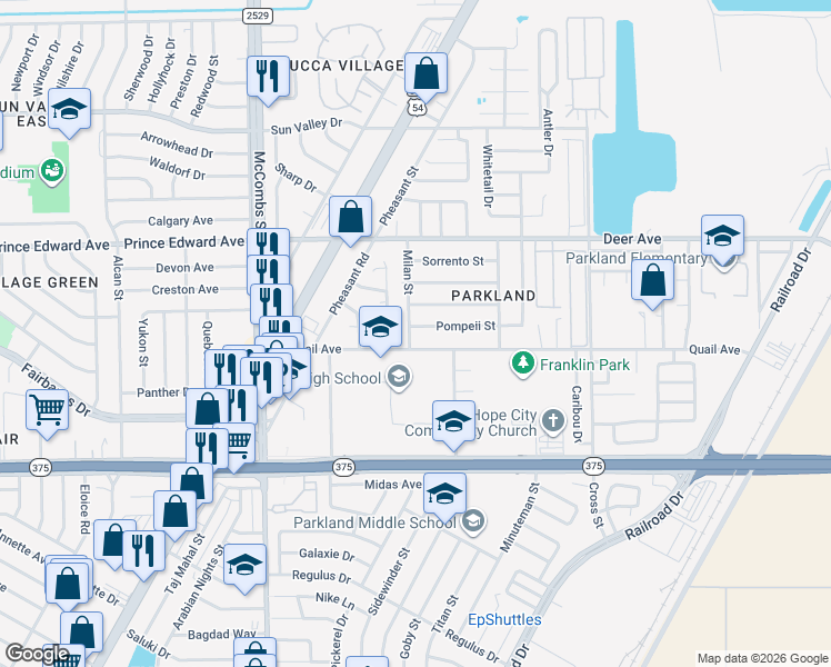 map of restaurants, bars, coffee shops, grocery stores, and more near 6000 Pompeii Street in El Paso