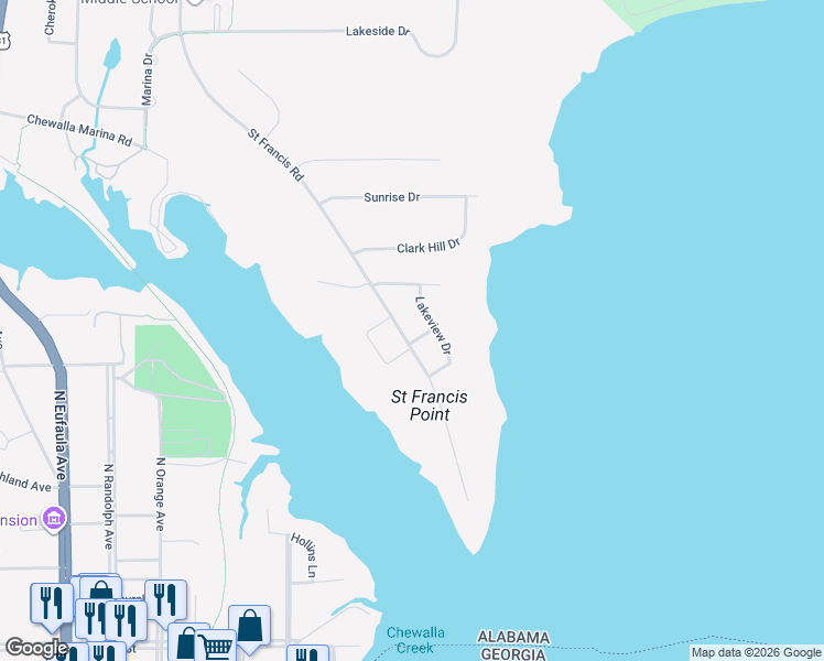 map of restaurants, bars, coffee shops, grocery stores, and more near 307 Saint Francis Road in Eufaula