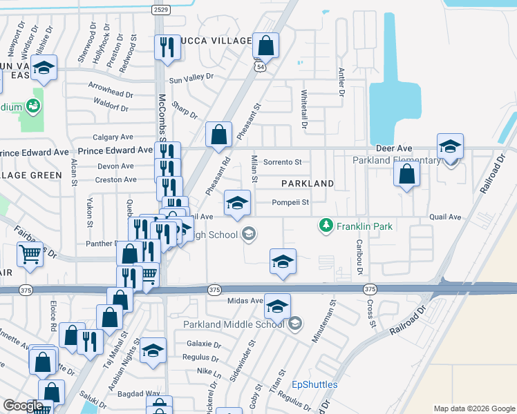 map of restaurants, bars, coffee shops, grocery stores, and more near 6000 Pompeii Street in El Paso