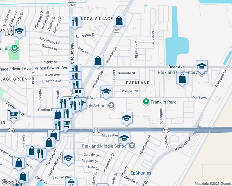 map of restaurants, bars, coffee shops, grocery stores, and more near 6000 Pompeii Street in El Paso