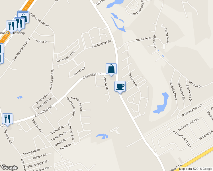 map of restaurants, bars, coffee shops, grocery stores, and more near Verona Drive in Odessa