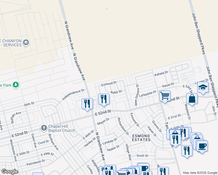 map of restaurants, bars, coffee shops, grocery stores, and more near 5325 Marsh Drive in Odessa