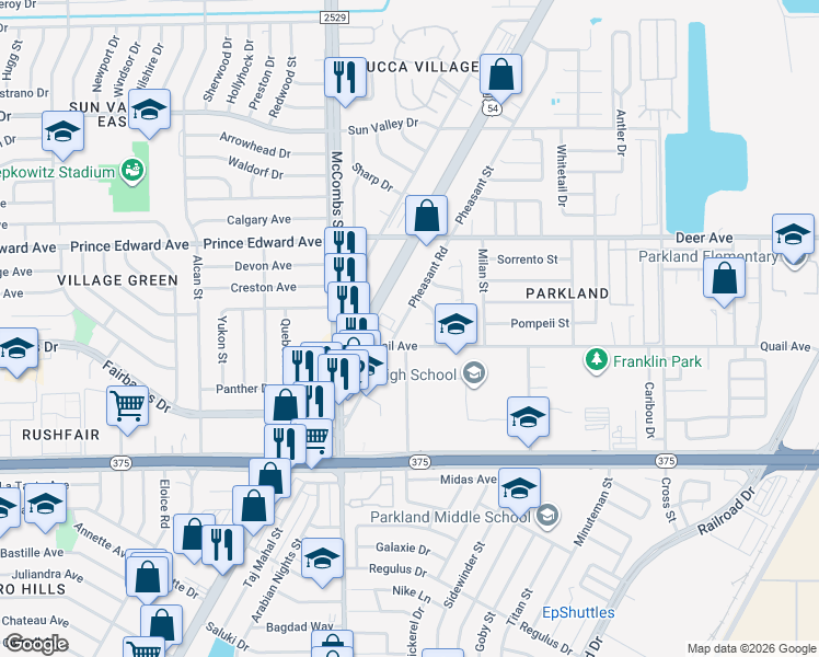 map of restaurants, bars, coffee shops, grocery stores, and more near 10110 Pheasant Road in El Paso