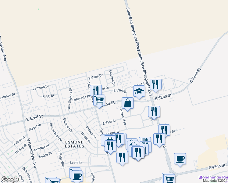 map of restaurants, bars, coffee shops, grocery stores, and more near 4310 East 53rd Street in Odessa