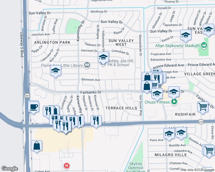 map of restaurants, bars, coffee shops, grocery stores, and more near 10112 Mercedes Street in El Paso