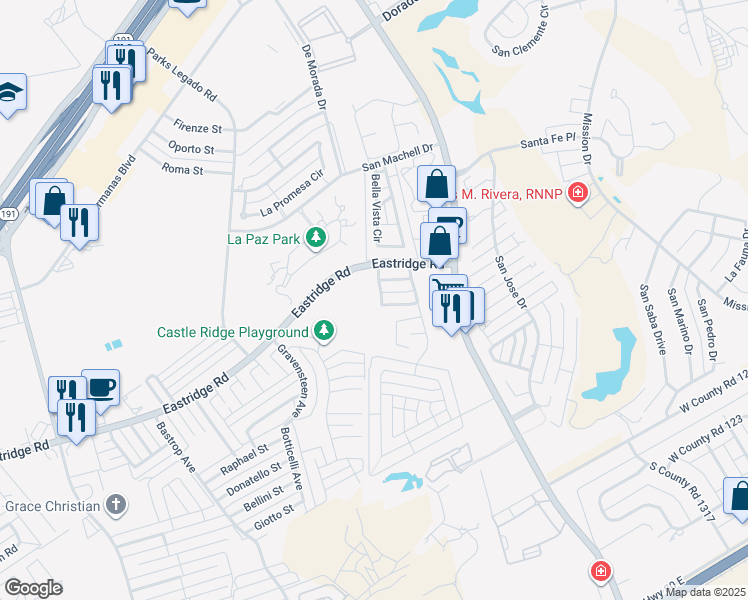 map of restaurants, bars, coffee shops, grocery stores, and more near 3305 Milano Drive in Odessa