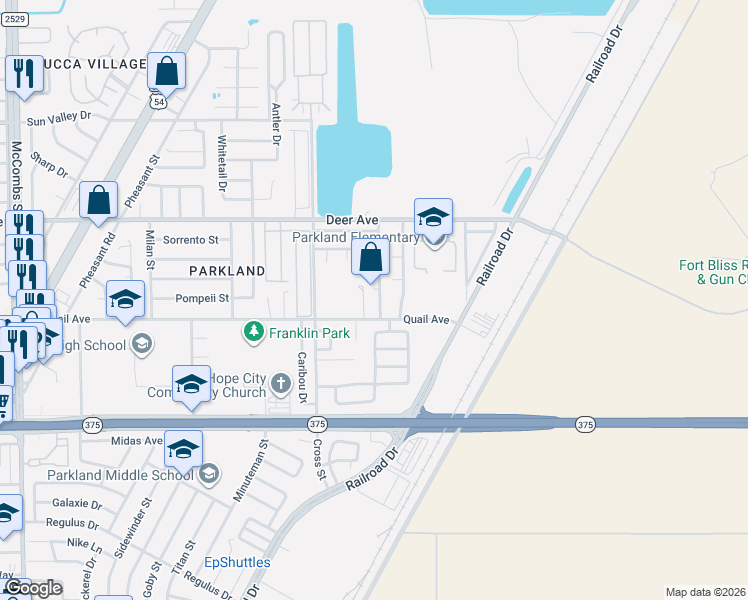 map of restaurants, bars, coffee shops, grocery stores, and more near 10115 Racoon Drive in El Paso