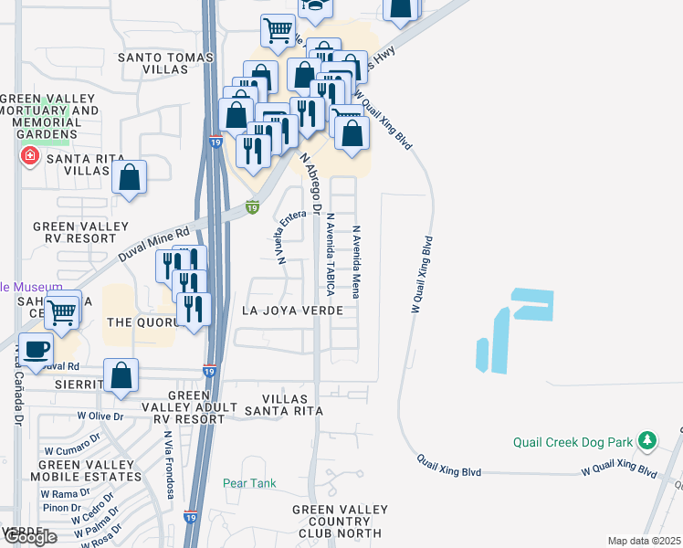 map of restaurants, bars, coffee shops, grocery stores, and more near 349 East Calle Aspa in Green Valley