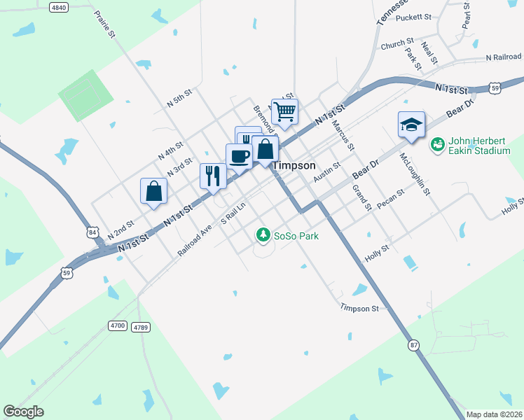 map of restaurants, bars, coffee shops, grocery stores, and more near 120-198 Washington Street in Timpson