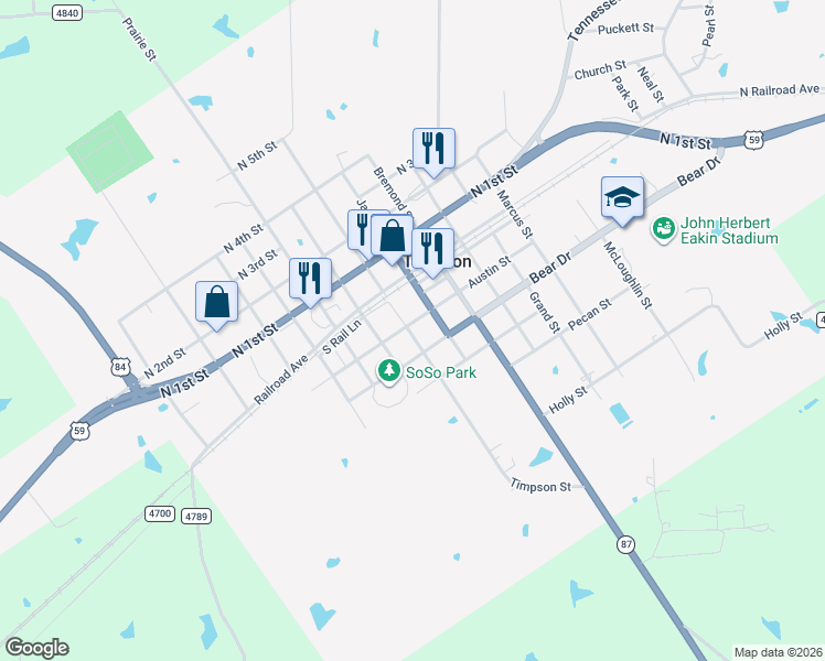 map of restaurants, bars, coffee shops, grocery stores, and more near 704 Timpson Street in Timpson