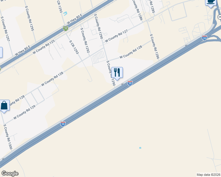 map of restaurants, bars, coffee shops, grocery stores, and more near 11400-12000 East Interstate 20 in Odessa