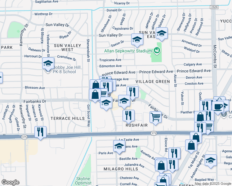 map of restaurants, bars, coffee shops, grocery stores, and more near 5205 Fairbanks Drive in El Paso