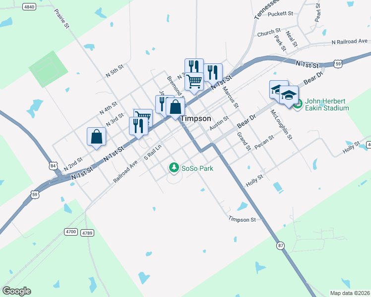 map of restaurants, bars, coffee shops, grocery stores, and more near 704 Timpson Street in Timpson