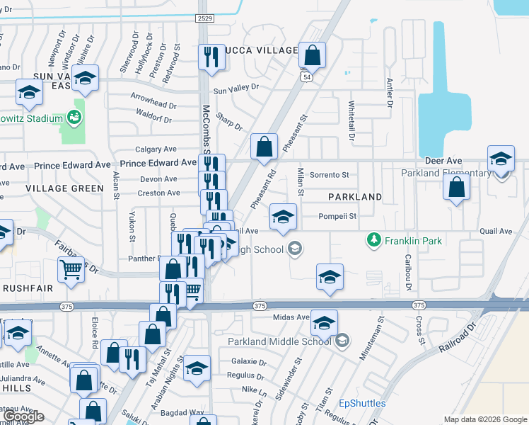 map of restaurants, bars, coffee shops, grocery stores, and more near 10110 Pheasant Road in El Paso