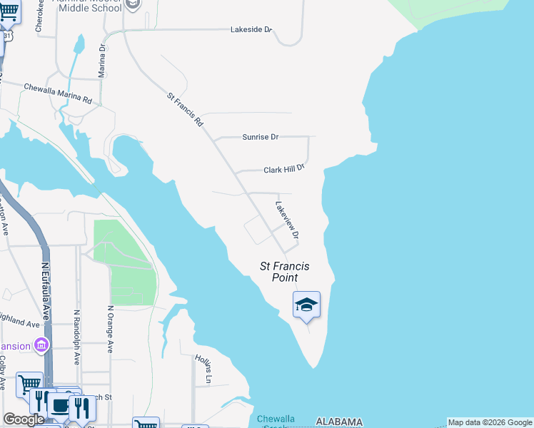 map of restaurants, bars, coffee shops, grocery stores, and more near 307 Saint Francis Road in Eufaula