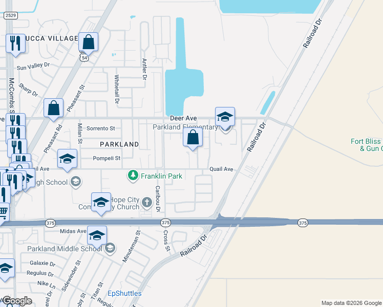 map of restaurants, bars, coffee shops, grocery stores, and more near 10115 Racoon Drive in El Paso