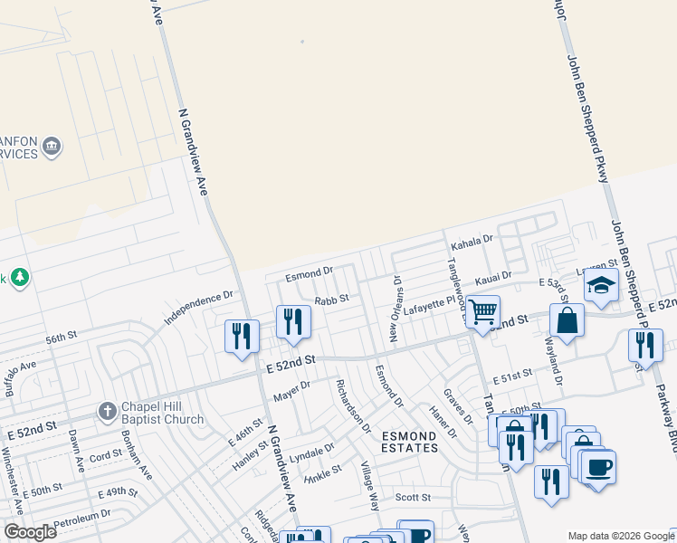 map of restaurants, bars, coffee shops, grocery stores, and more near 5318 Cole Drive in Odessa