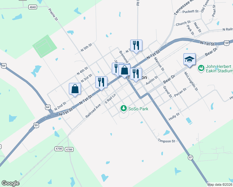 map of restaurants, bars, coffee shops, grocery stores, and more near 198 Washington Street in Timpson