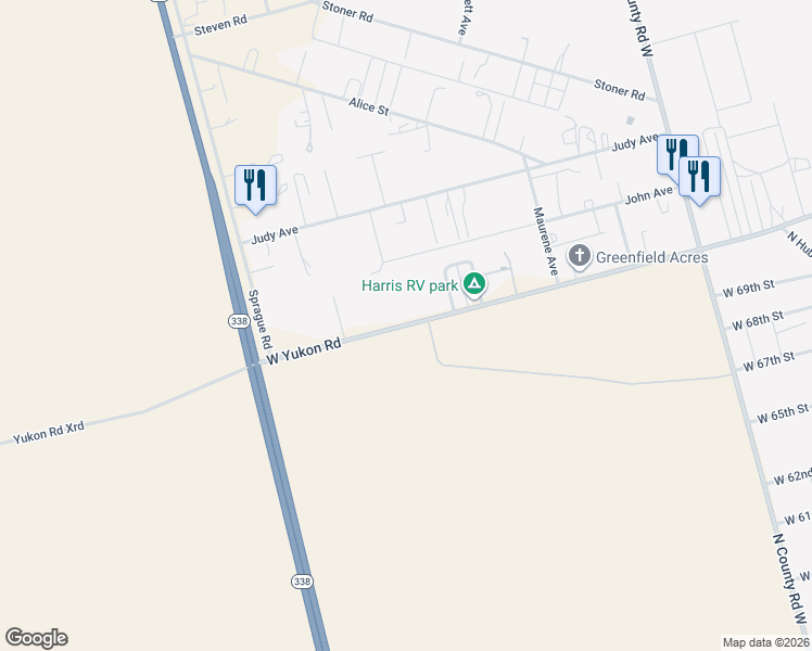 map of restaurants, bars, coffee shops, grocery stores, and more near 2600 West Yukon Road in Odessa