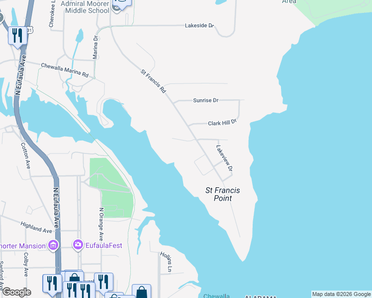 map of restaurants, bars, coffee shops, grocery stores, and more near 106 Choctaw Drive in Eufaula