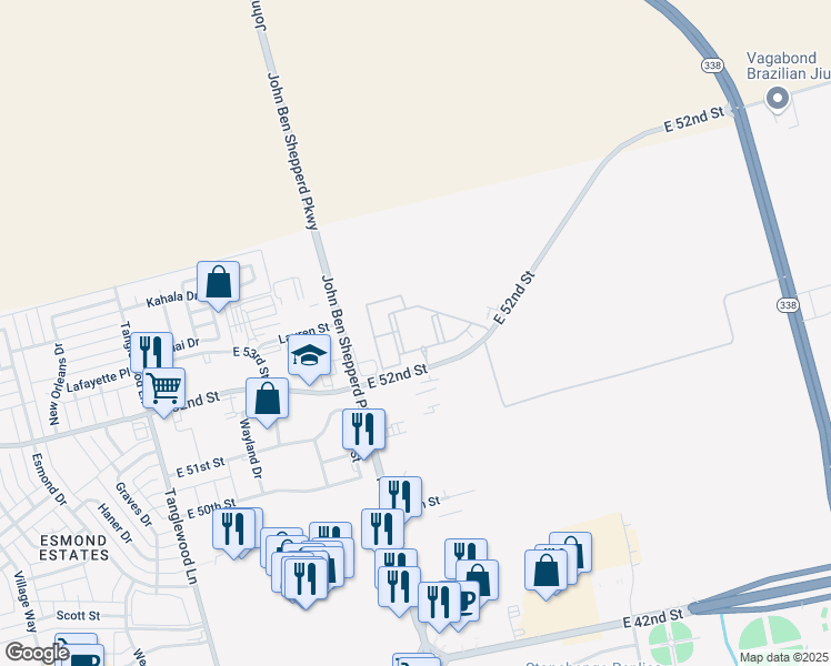 map of restaurants, bars, coffee shops, grocery stores, and more near 5075 East 52nd Street in Odessa