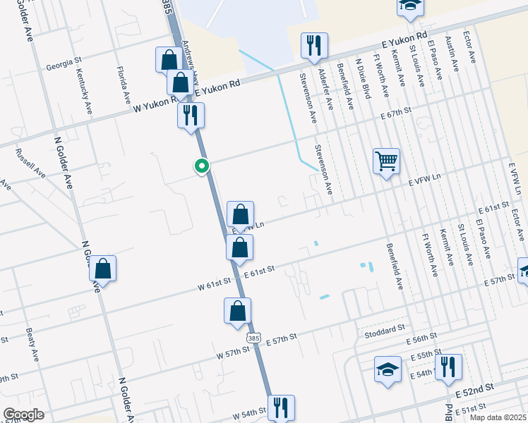 map of restaurants, bars, coffee shops, grocery stores, and more near 6312 Andrews Highway in Odessa
