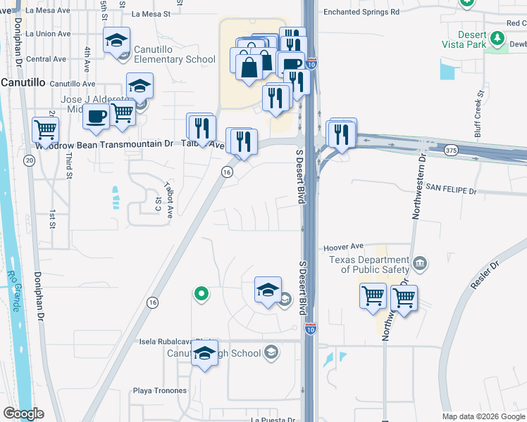 map of restaurants, bars, coffee shops, grocery stores, and more near 6829 Steffers Lane in El Paso