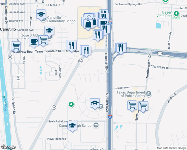 map of restaurants, bars, coffee shops, grocery stores, and more near 6829 Steffers Lane in El Paso