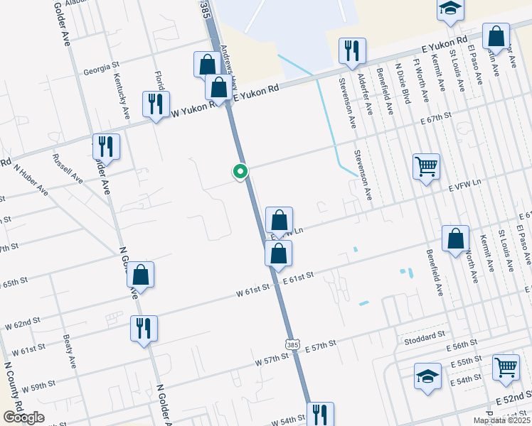 map of restaurants, bars, coffee shops, grocery stores, and more near 6312 Andrews Highway in Odessa