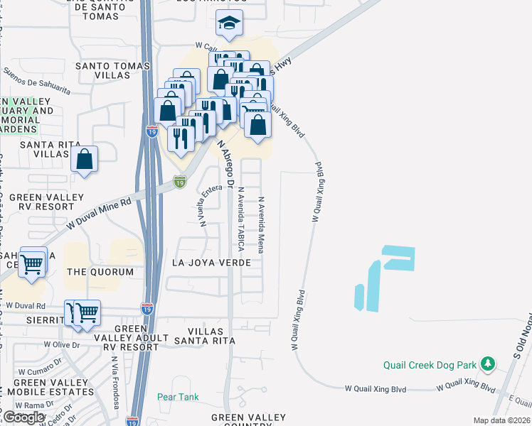 map of restaurants, bars, coffee shops, grocery stores, and more near 355 East Calle Mingo in Green Valley