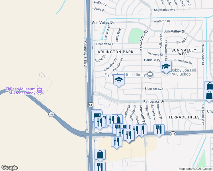 map of restaurants, bars, coffee shops, grocery stores, and more near 10104 Cisco Lane in El Paso