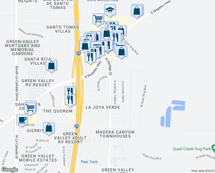 map of restaurants, bars, coffee shops, grocery stores, and more near 2386 North Avenida Esclava in Green Valley