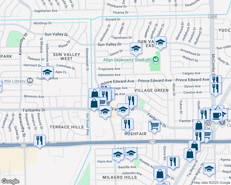 map of restaurants, bars, coffee shops, grocery stores, and more near 5129 Kodiak Ave in El Paso