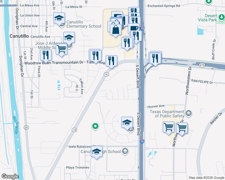 map of restaurants, bars, coffee shops, grocery stores, and more near 6824 Jen Renee Lane in El Paso
