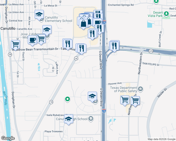 map of restaurants, bars, coffee shops, grocery stores, and more near 6829 Steffers Lane in El Paso