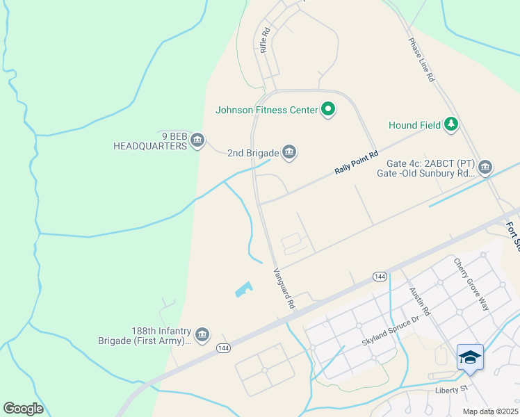 map of restaurants, bars, coffee shops, grocery stores, and more near Vanguard Road in Fort Stewart