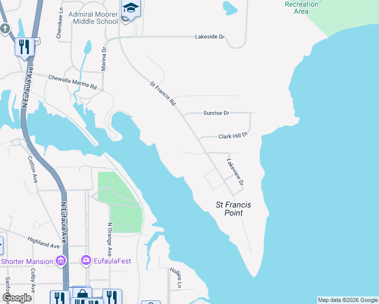map of restaurants, bars, coffee shops, grocery stores, and more near 106 Choctaw Drive in Eufaula