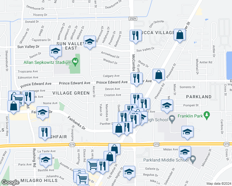 map of restaurants, bars, coffee shops, grocery stores, and more near 5705 Creston Avenue in El Paso