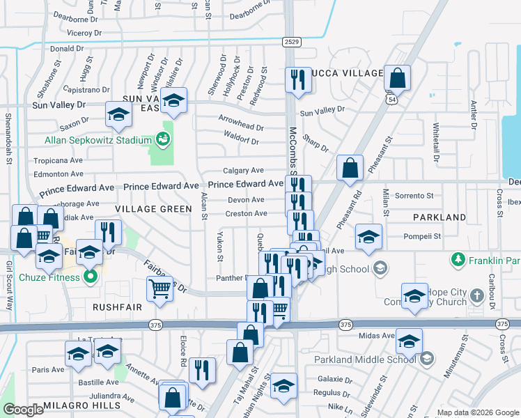 map of restaurants, bars, coffee shops, grocery stores, and more near 5721 Creston Avenue in El Paso