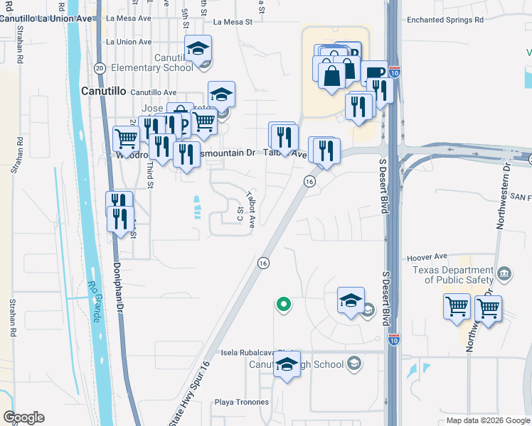 map of restaurants, bars, coffee shops, grocery stores, and more near 850 Talbot Avenue in El Paso