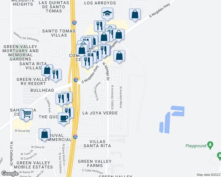 map of restaurants, bars, coffee shops, grocery stores, and more near 2407 North Avenida Tabica in Green Valley