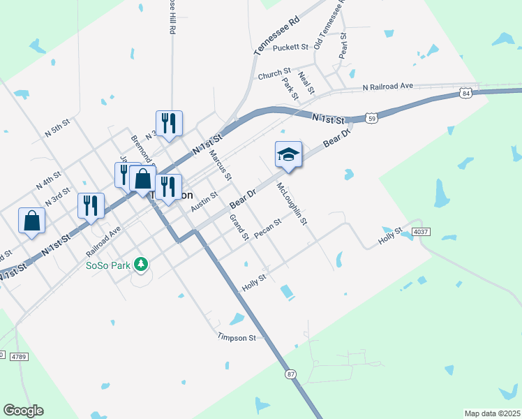 map of restaurants, bars, coffee shops, grocery stores, and more near 400 Marcus Street in Timpson