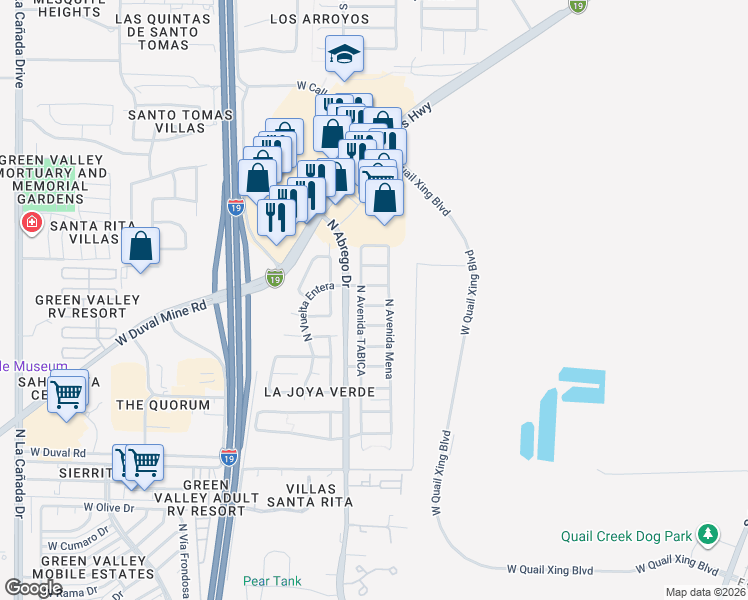 map of restaurants, bars, coffee shops, grocery stores, and more near 355 East Calle Mingo in Green Valley